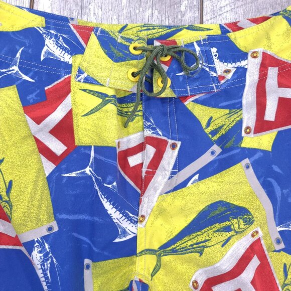 Columbia PFG Board Shorts Mens 32 Blue Yellow Pull On Swim Surf Beach Trunks - Picture 4 of 7